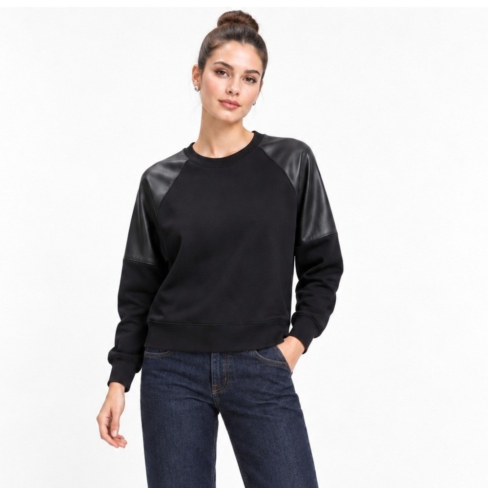 Evereve Faux Leather Sleeve Sweatshirt S Black Raglan Crewneck Edgy Minimalist